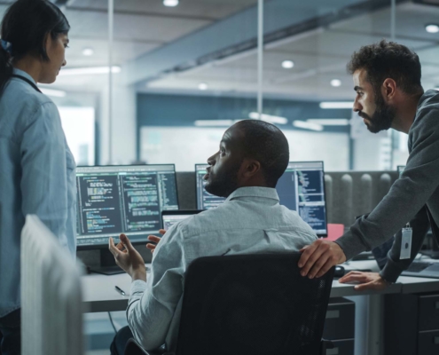 Tech Professionals Talking At Computer In Office